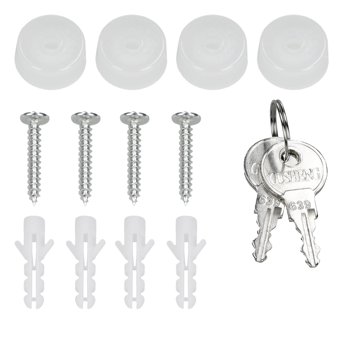 Mounting materials with screws, dowels, and keys on a white background.