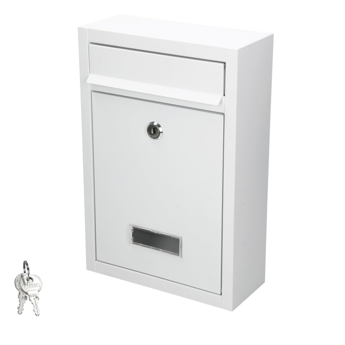 White mailbox with a slot and keyhole.