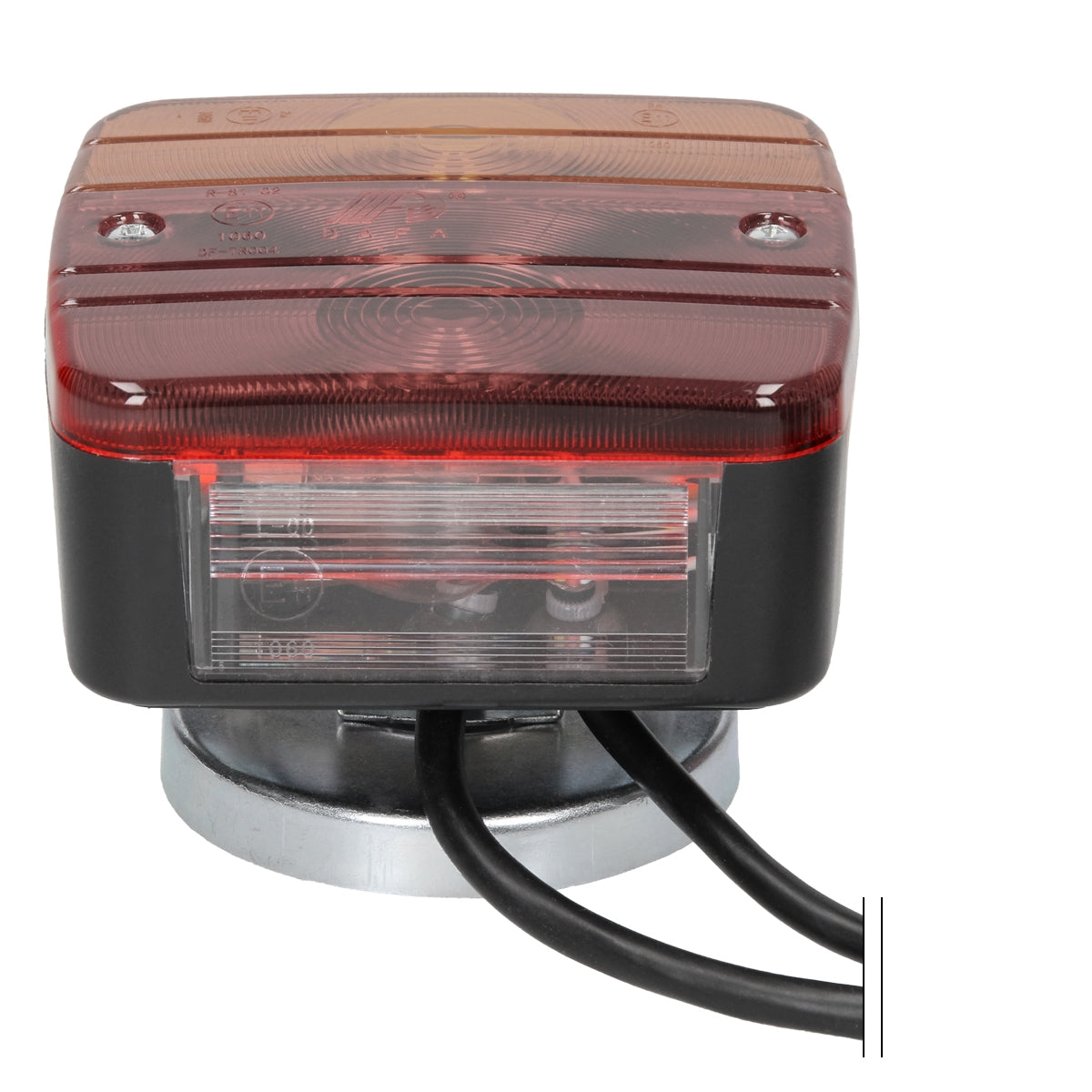 Red and transparent LED light from above, with cables on the back.