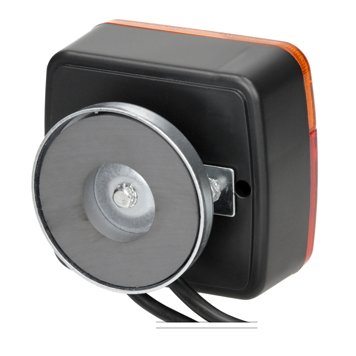 Black housing with round metal plate and orange turn signal.