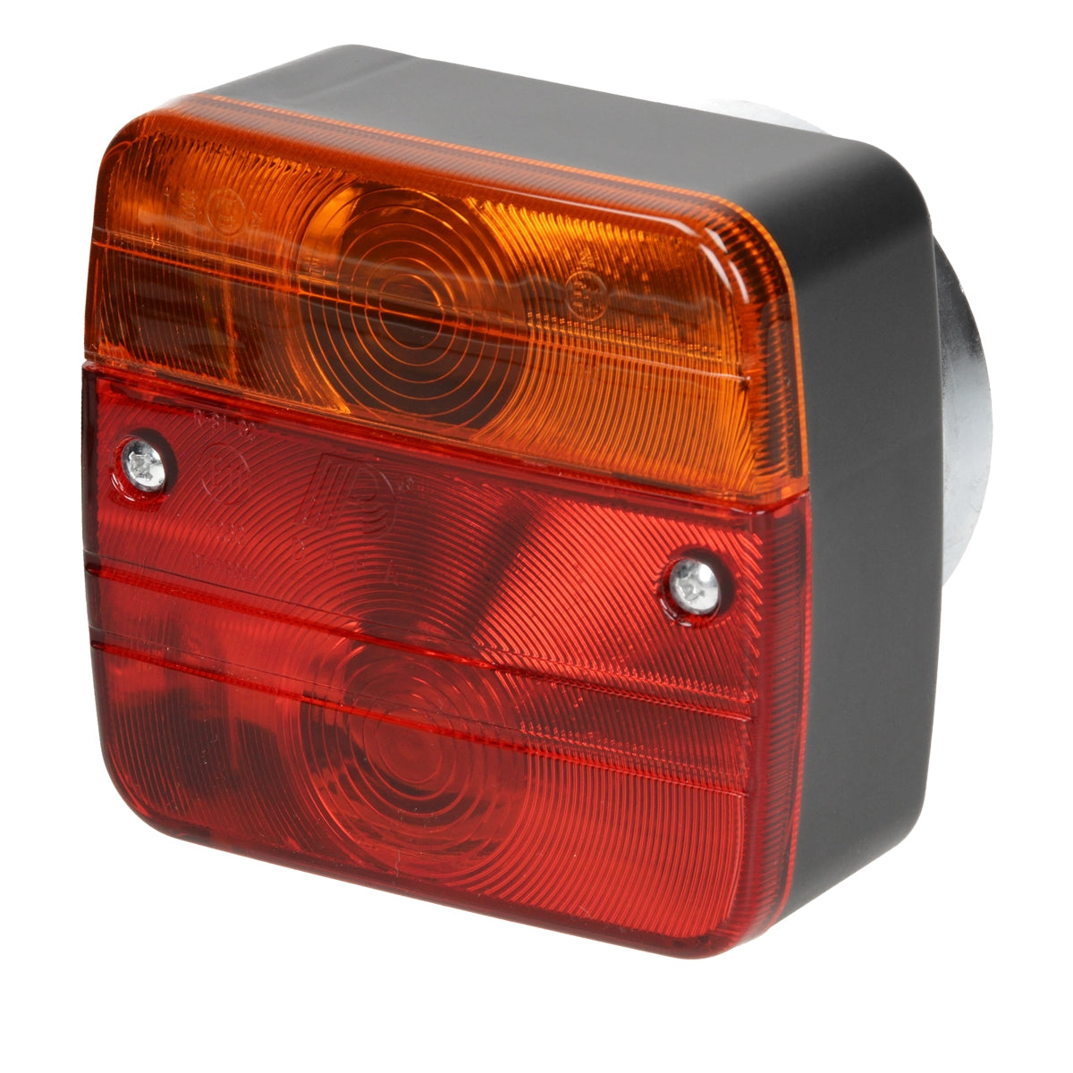 Red and orange tail light with two lenses and black housing.