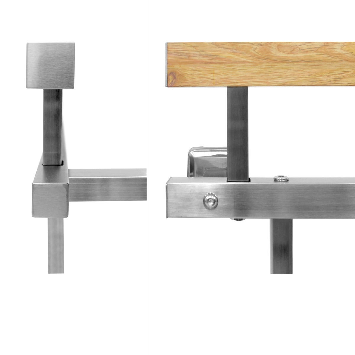 Detail view of a railing with wooden top and metal fastening.