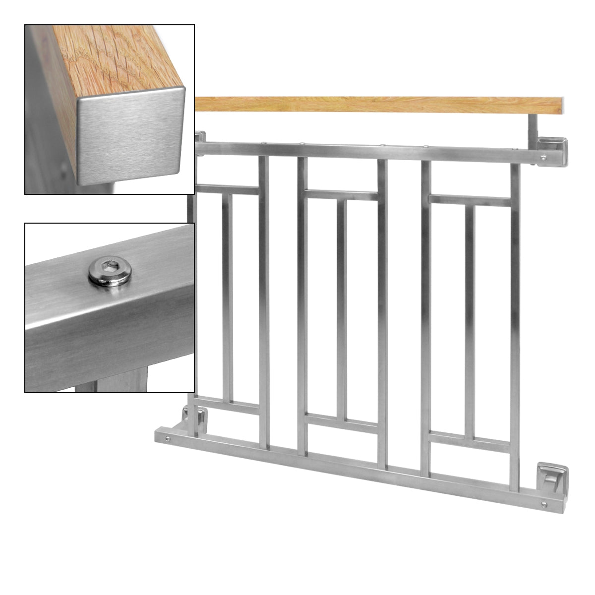 Stainless steel railing with wooden surface and detail view of the fastening element.