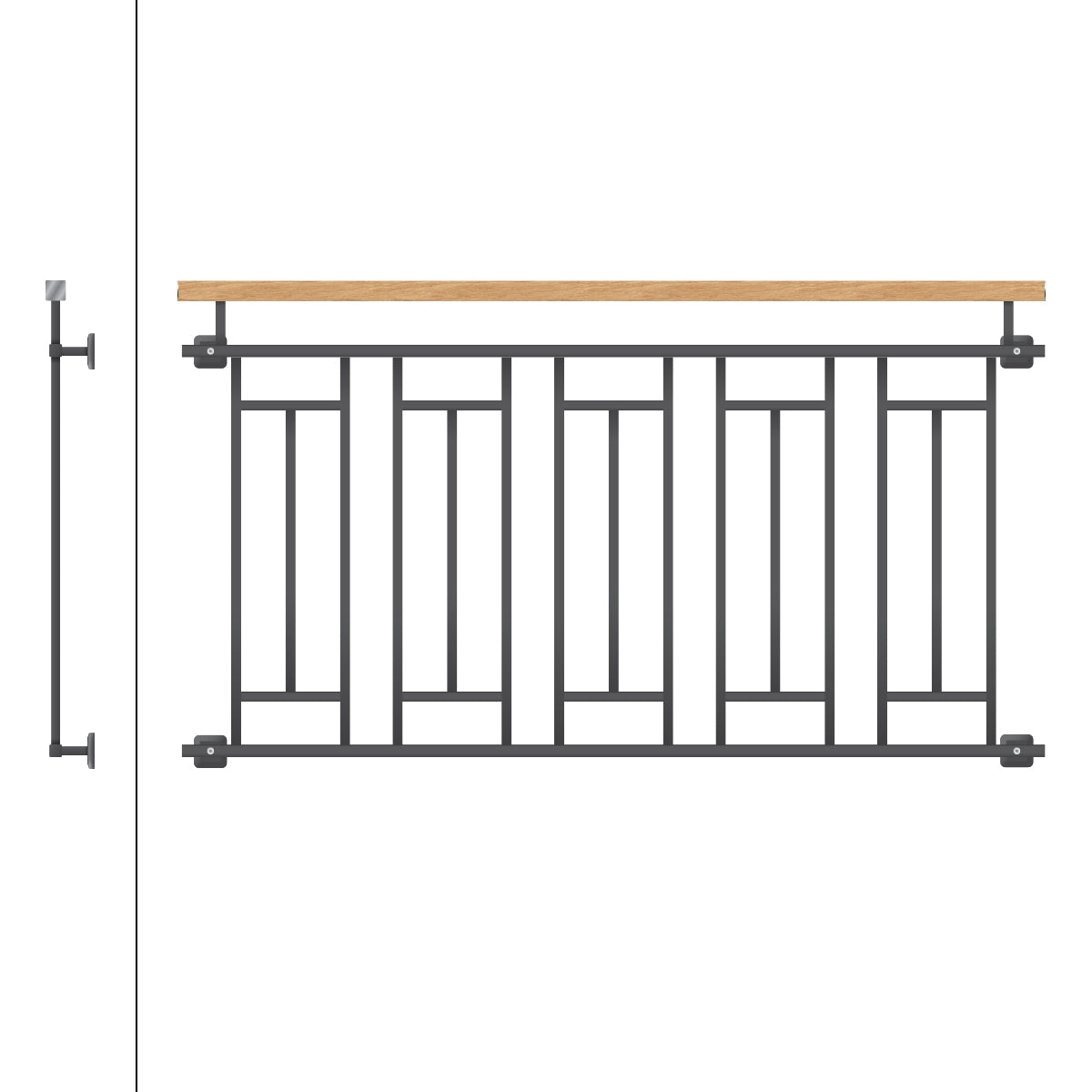 Geländer mit Holzoberfläche und geometrischem Metalldesign, schwarz.