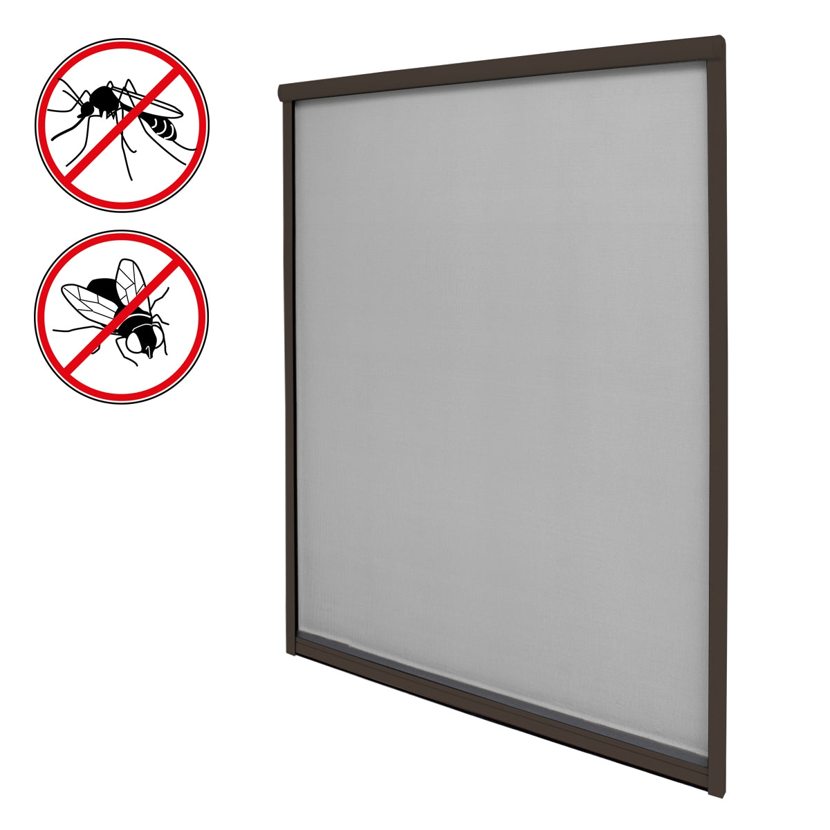 Mosquitera marrón con símbolos contra moscas y avispas.