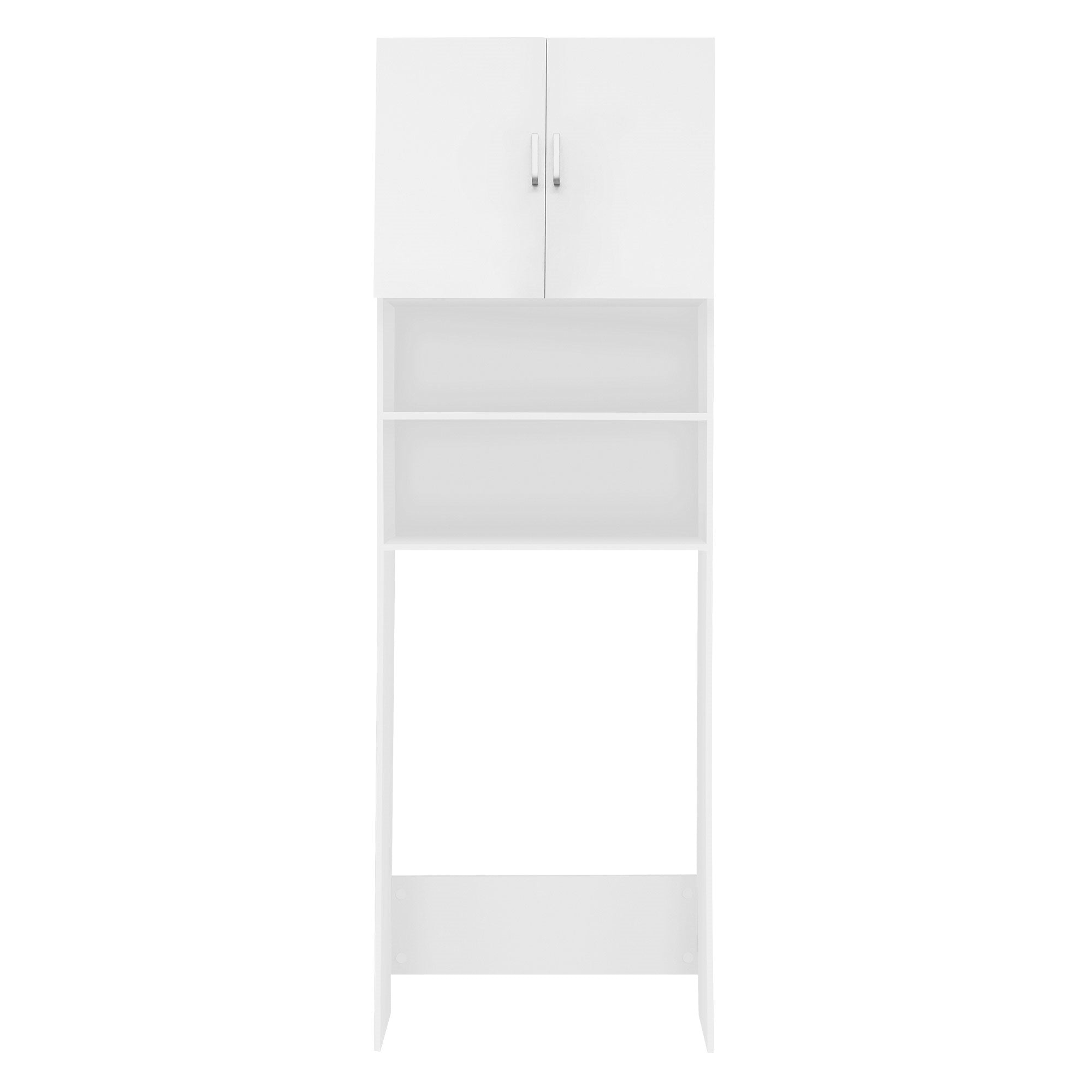Armadio bianco con due porte e un ripiano aperto.