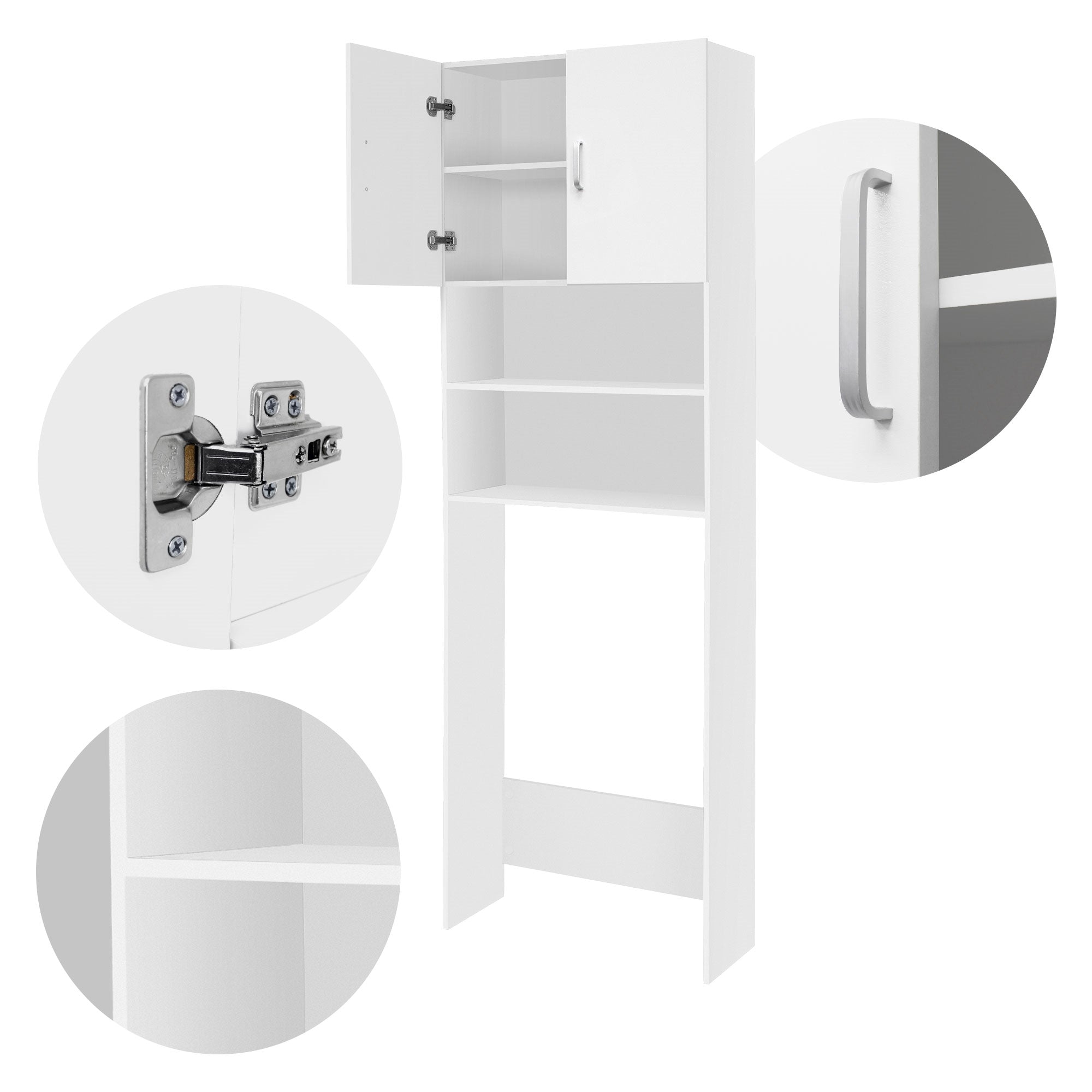 Armadio bianco con porte aperte e ripiani, cerniere e maniglia visibili.