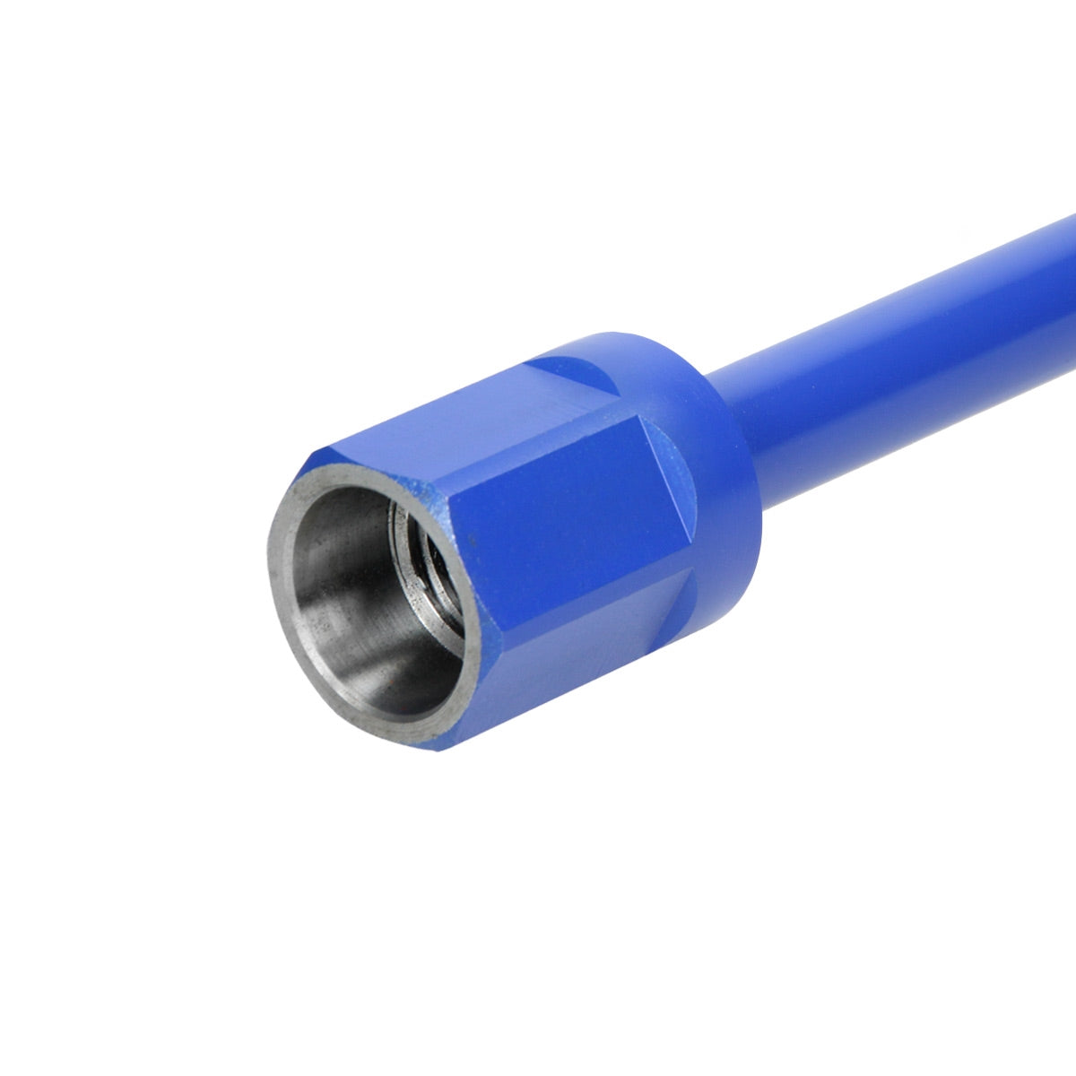 Close-up van een blauwe buis met buitendraad.
