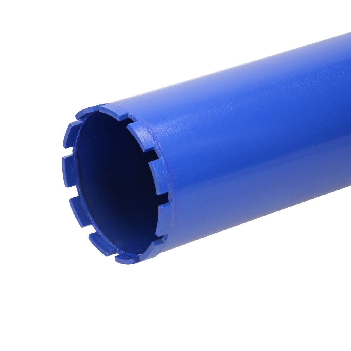 Blue drill with jagged edge, hollow inside.