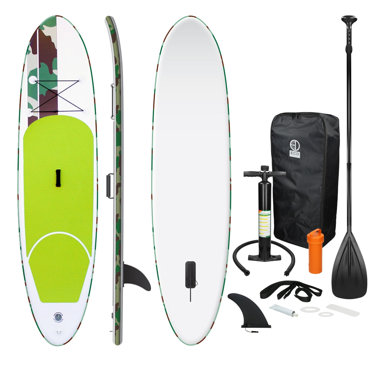 To stand-up paddleboards i forskellige farver med tilbehør.