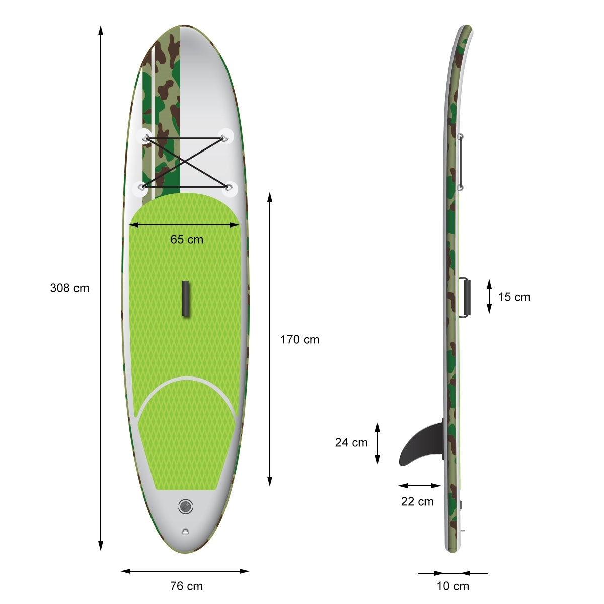 Teknisk tegning af et stand-up paddleboard med mål og detaljer på en hvid baggrund.