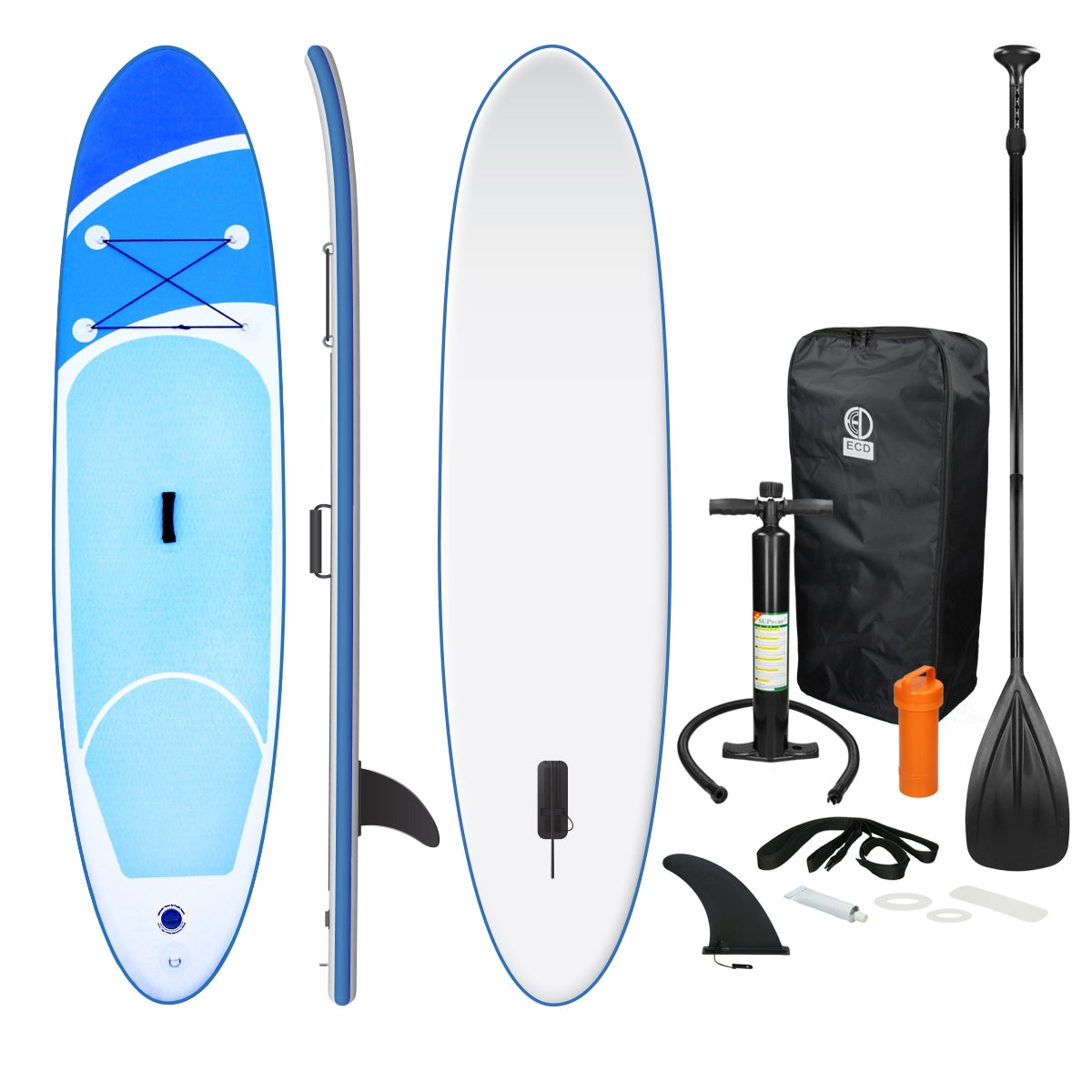 Deska do paddleboardingu w kolorze niebieskim i białym, razem z pompką, płetwą i torbą na białym tle.