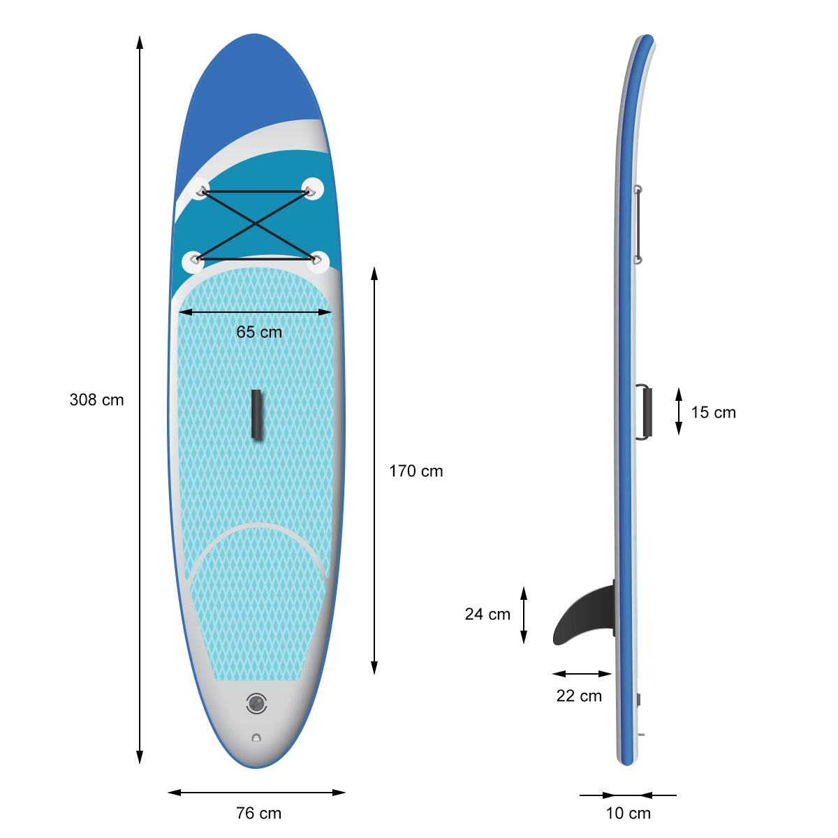 Oznaczenie wymiarów niebieskiego paddleboardu z wymiarami.