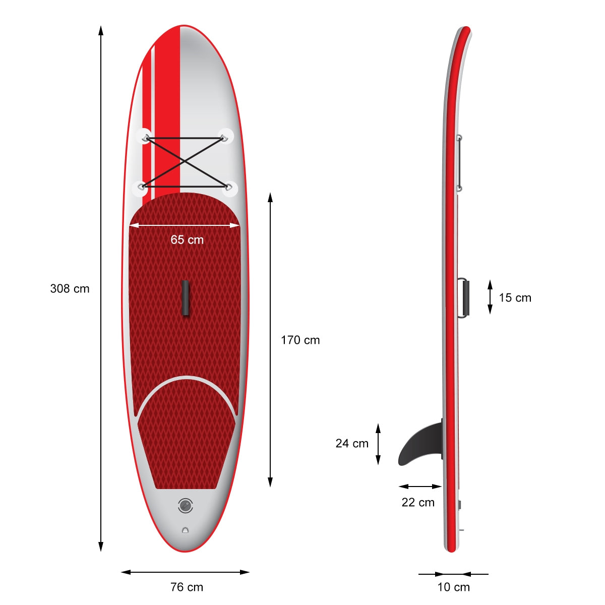 Dibujo técnico de una tabla de Stand-Up-Paddle roja con diferentes dimensiones.