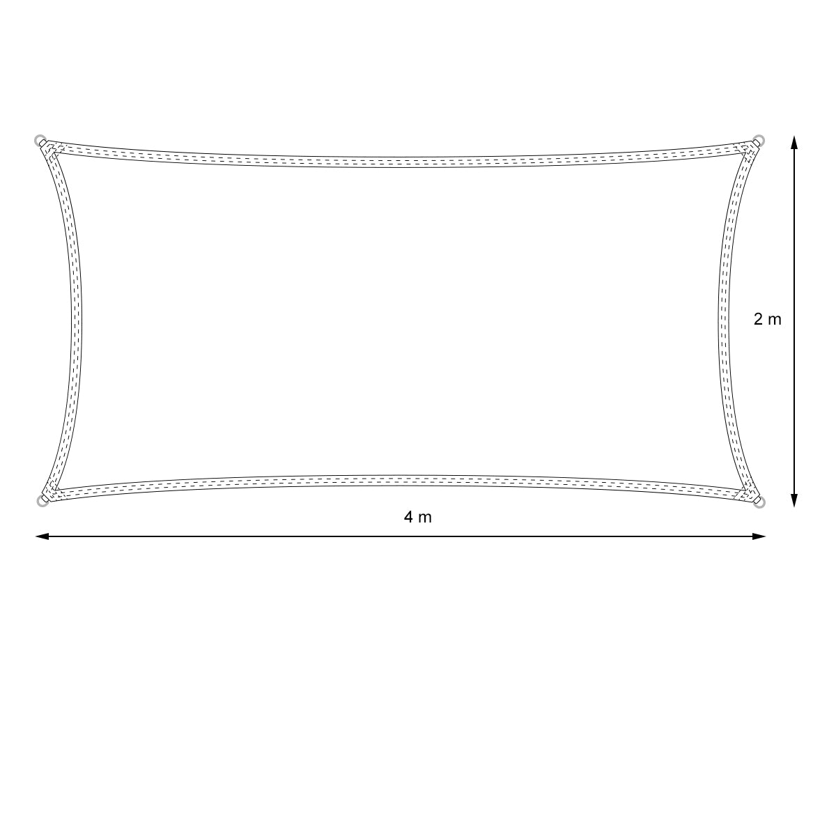 Technical drawing of a rectangular sail with dimensions of 4 m x 2 m.