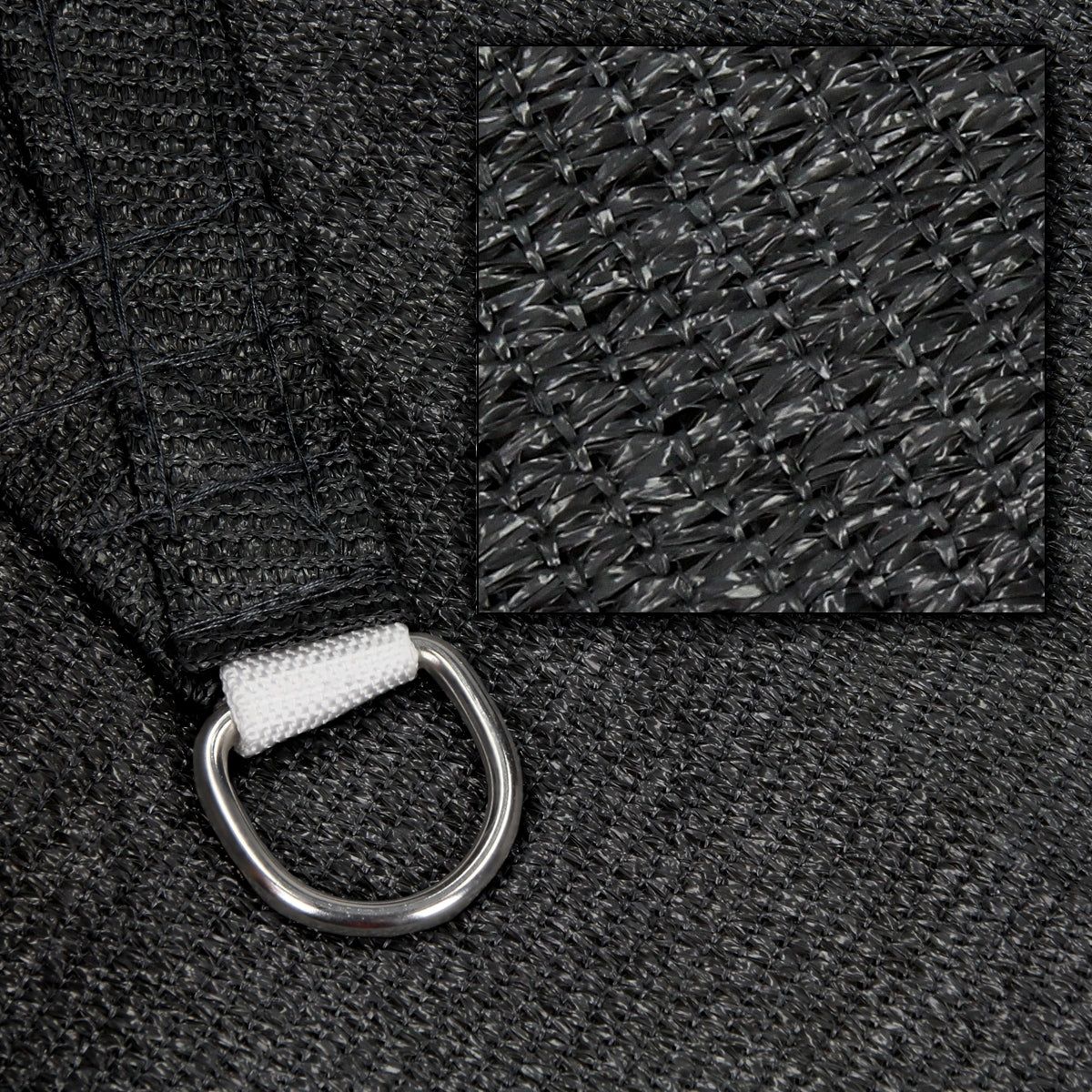 Vue détaillée d'un tissu noir avec un anneau en métal.