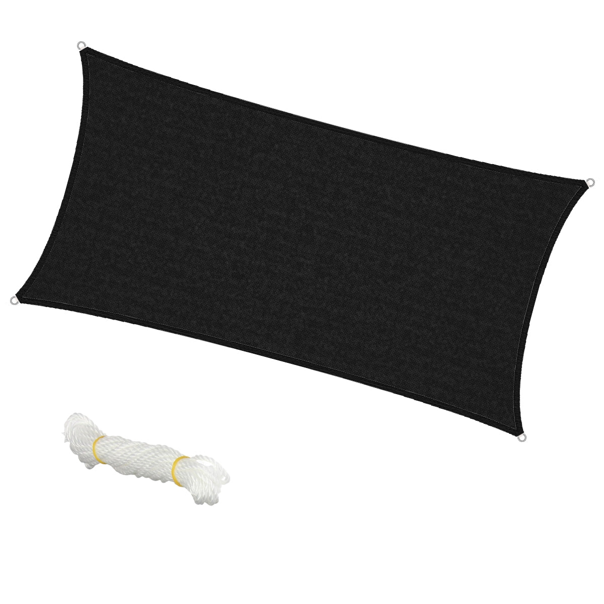 Tenda da sole nera con un rotolo di corda bianca accanto.