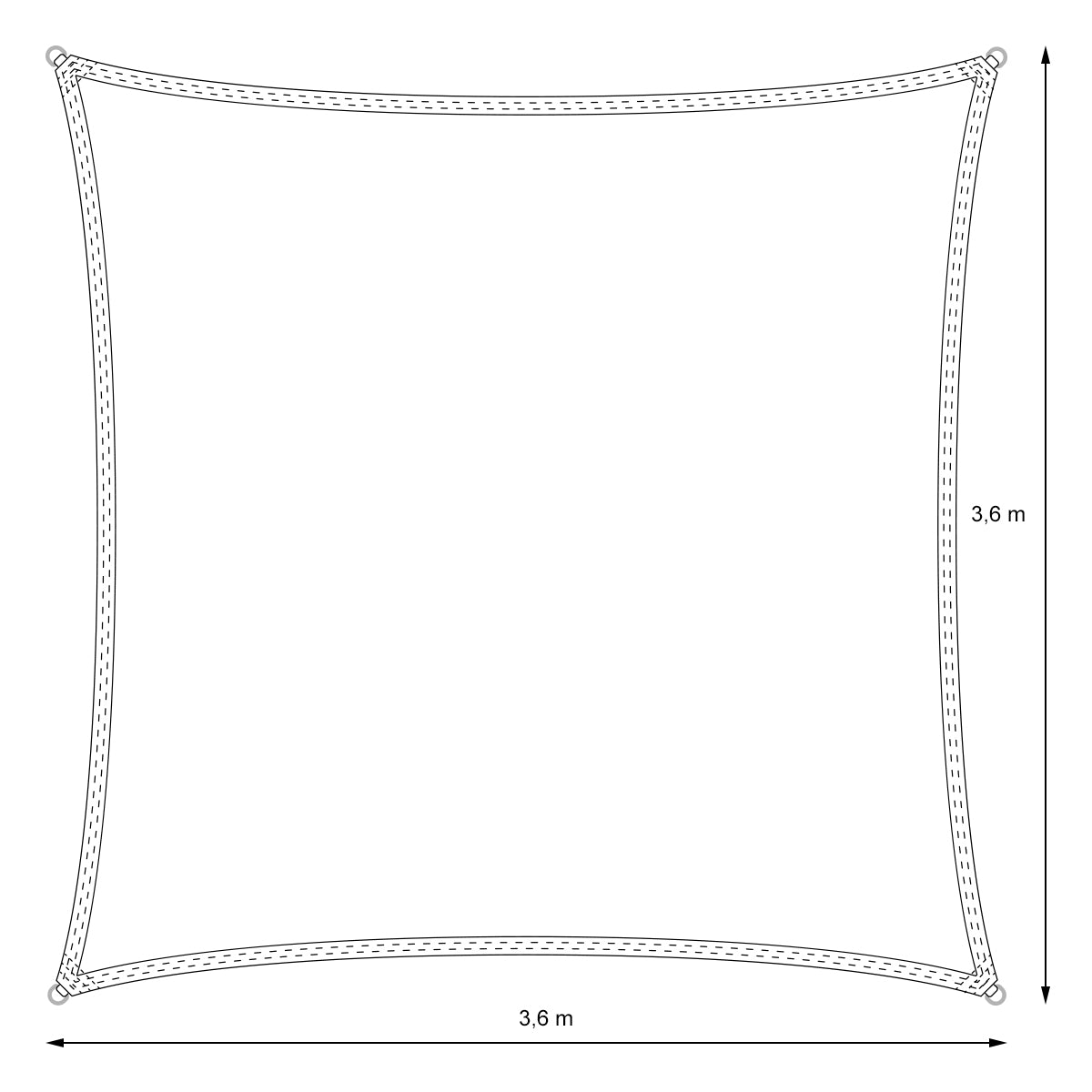 Sonnensegel in quadratischer Form mit Maßen 3,6 m x 3,6 m.