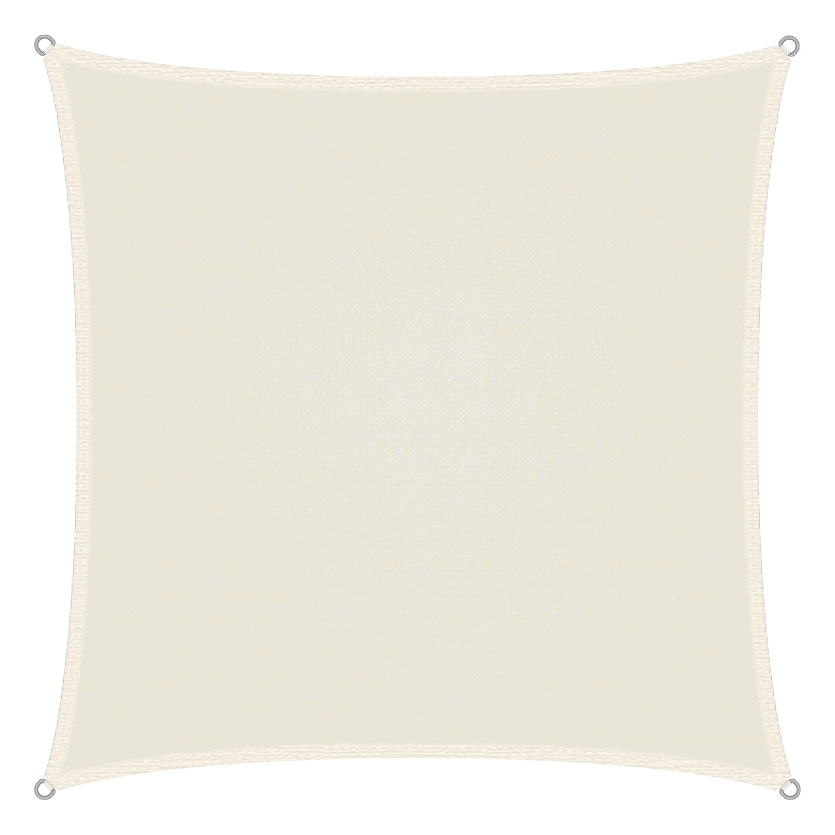 Beiges Sonnensegel in quadratischer Form auf weißem Hintergrund.