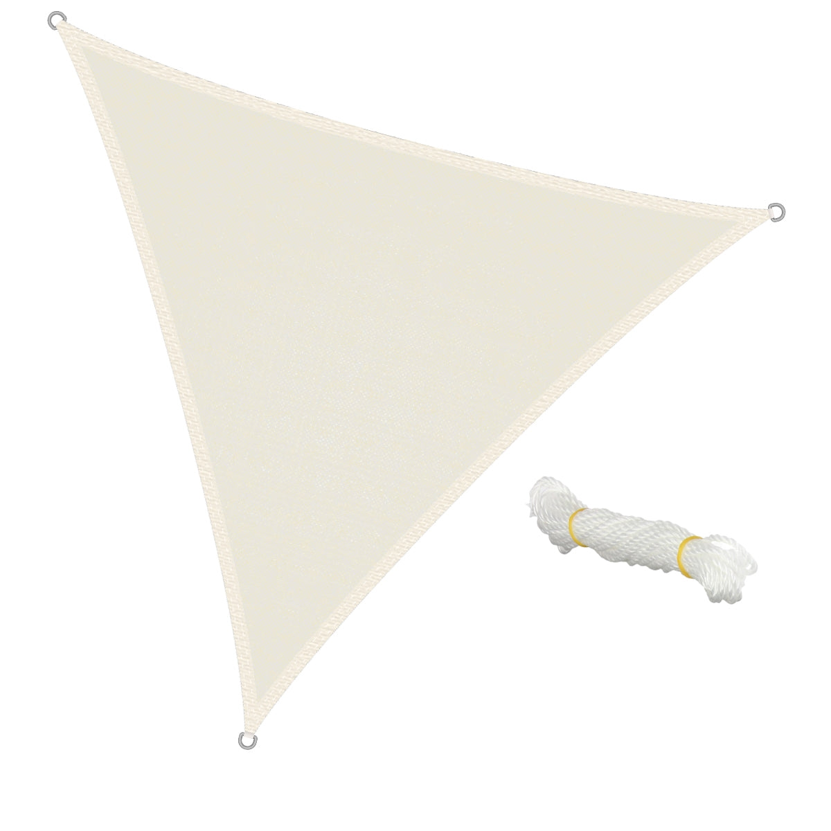 Telo parasole triangolare beige con un rotolo di corda accanto.
