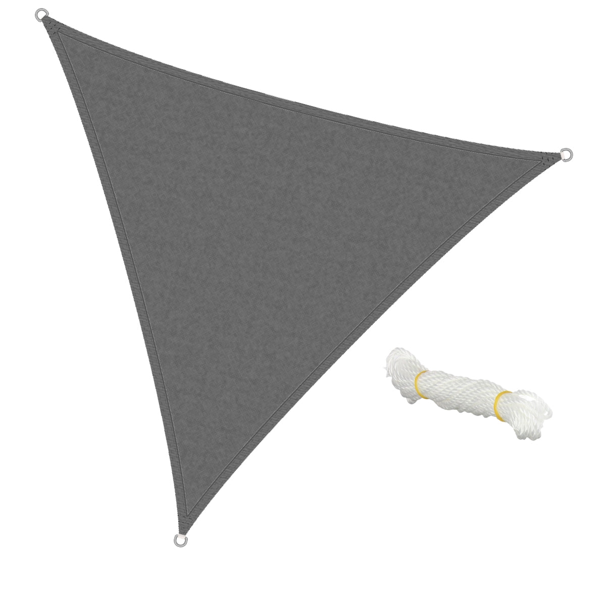 A gray triangular cloth and a bundle of white rope.