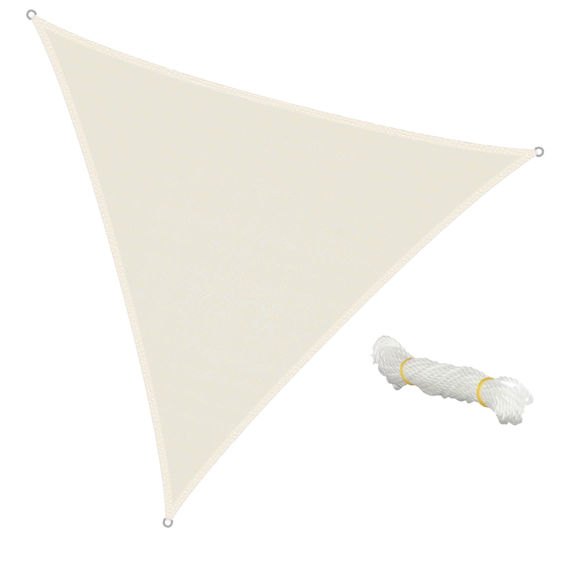 Triangular fabric tarpaulin in beige with a rope beside it.