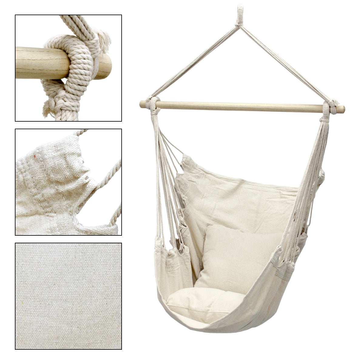 Hängesessel in Beige, hängend an einem Holzstab mit Seil.