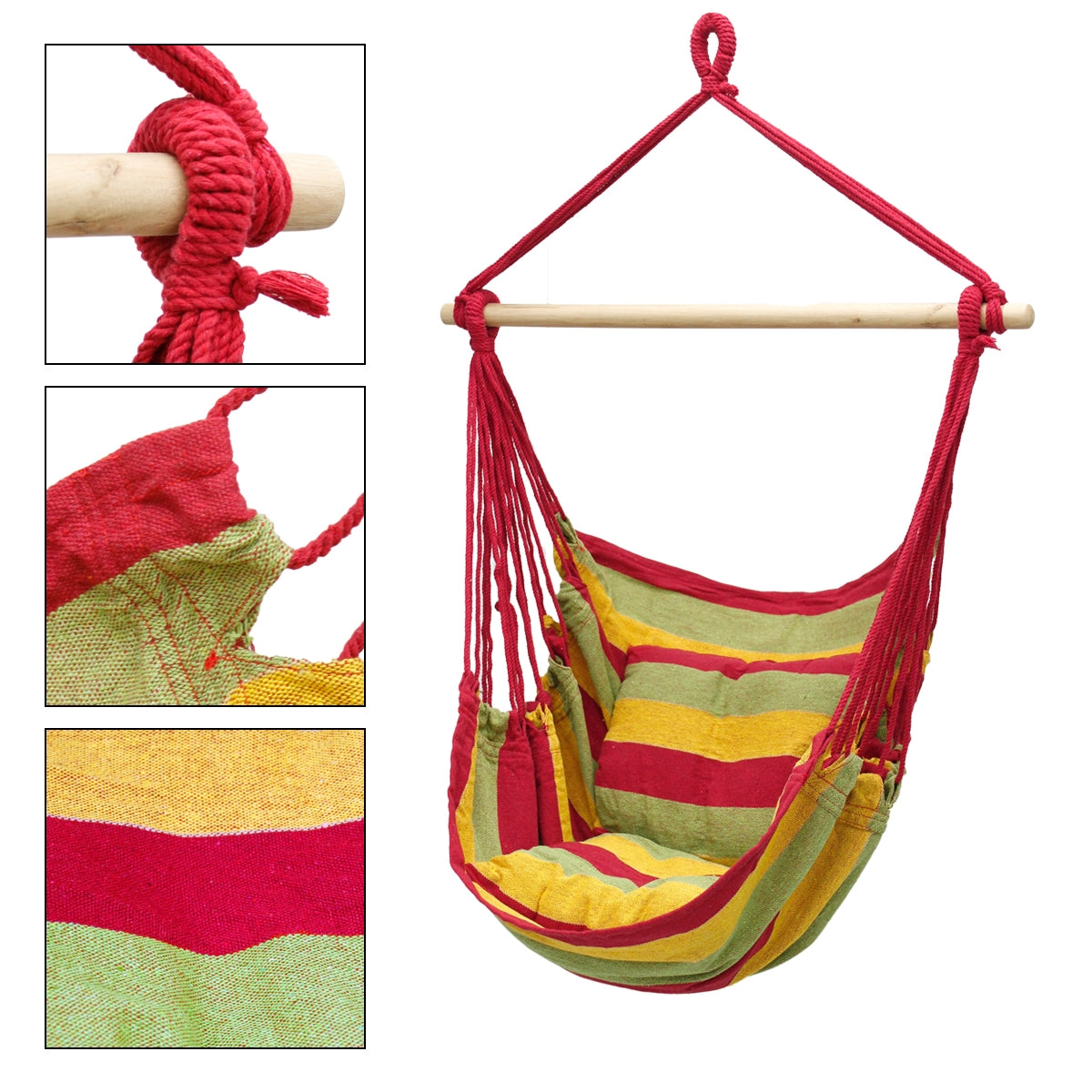Hangstoel in rood-geel gestreept, met houten stok en ophangmechanisme.
