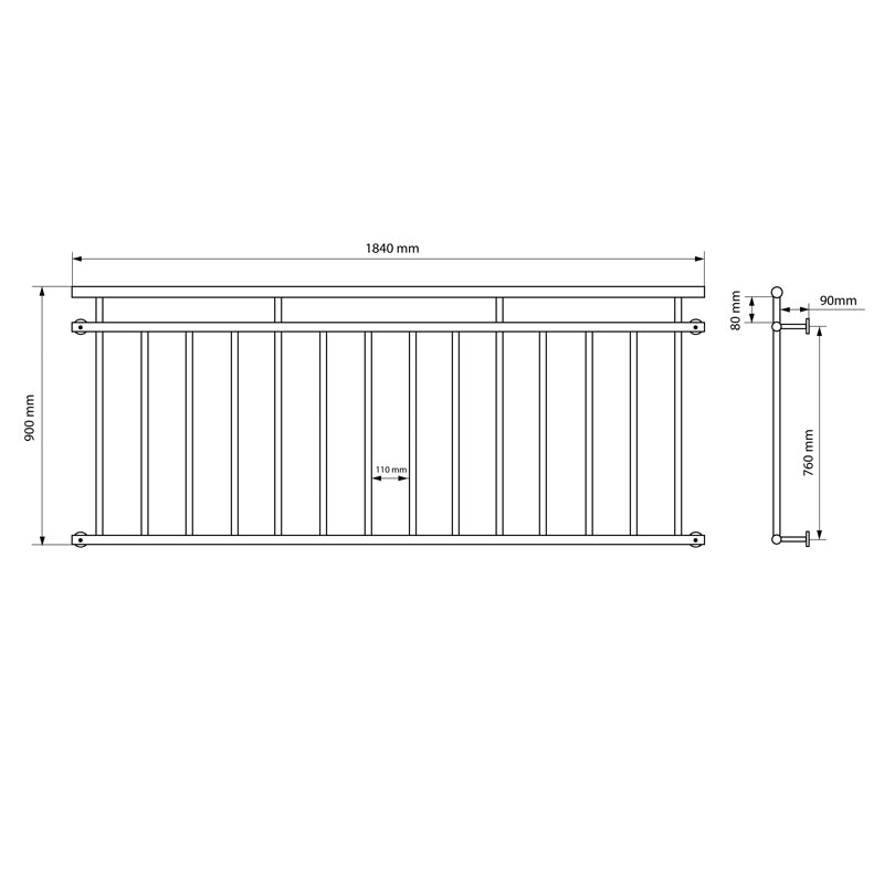 Technical drawing of a railing with dimensions.
