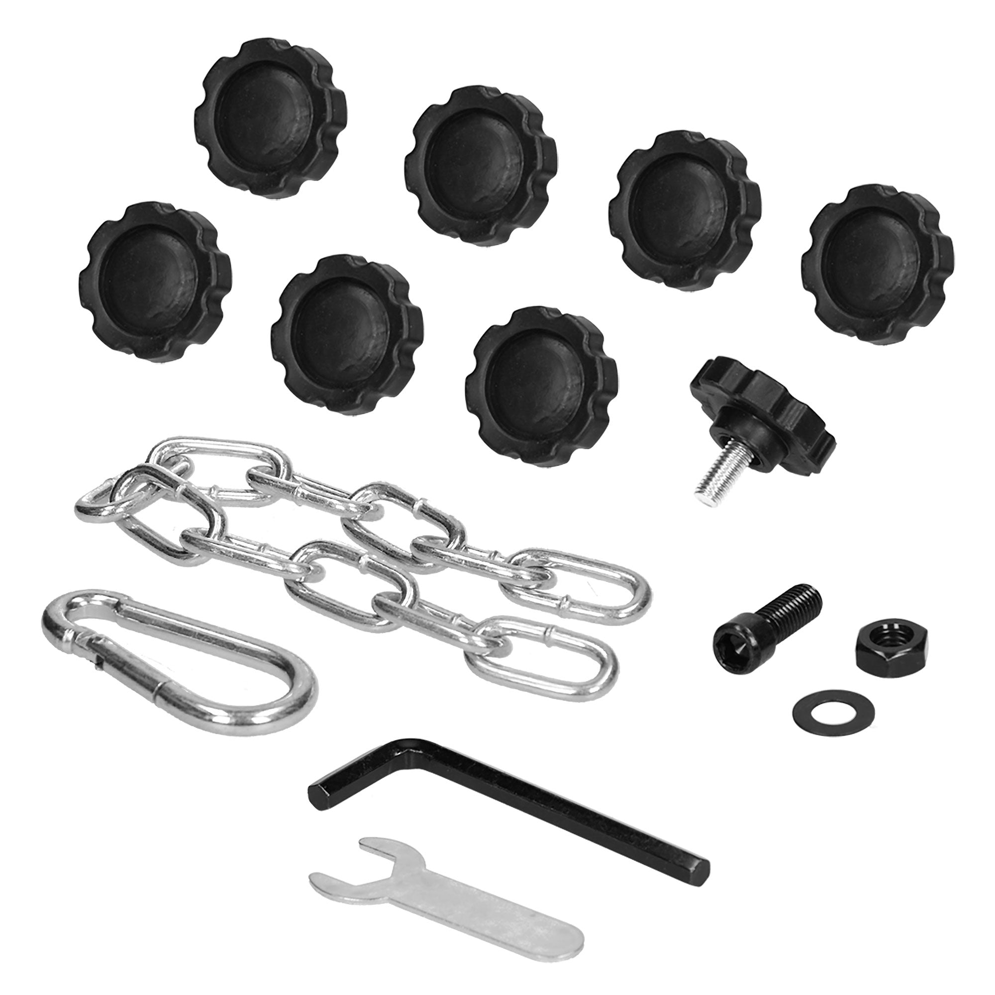 Juego con varios tornillos, cadenas y herramientas sobre un fondo blanco.