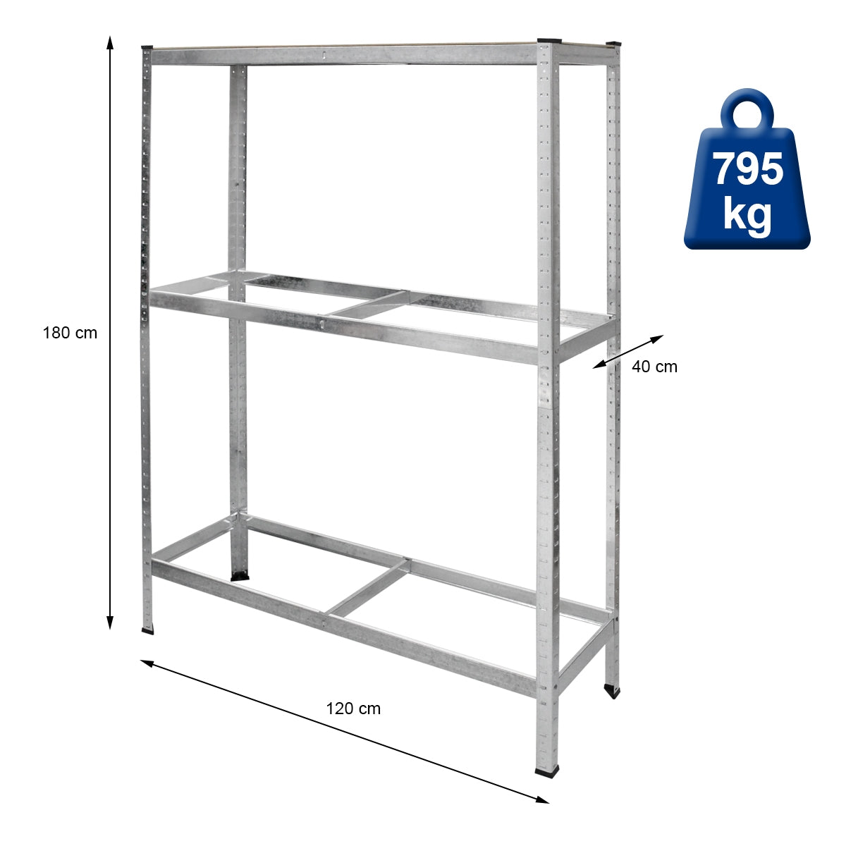 Metalreol med to hylder, højde 180 cm, bredde 120 cm, bæreevne 795 kg.
