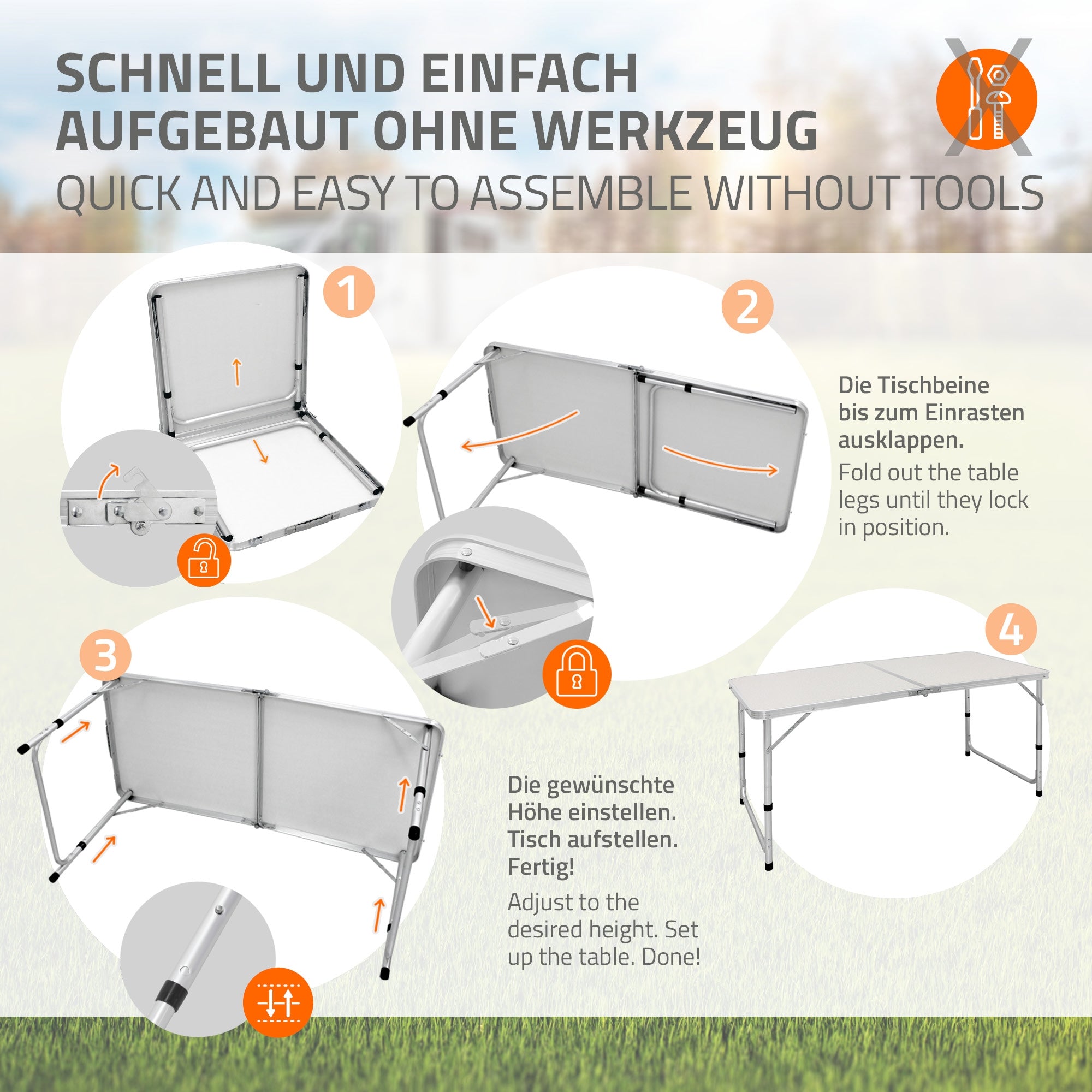 Instructions pour assembler une table sans outils en quatre étapes.