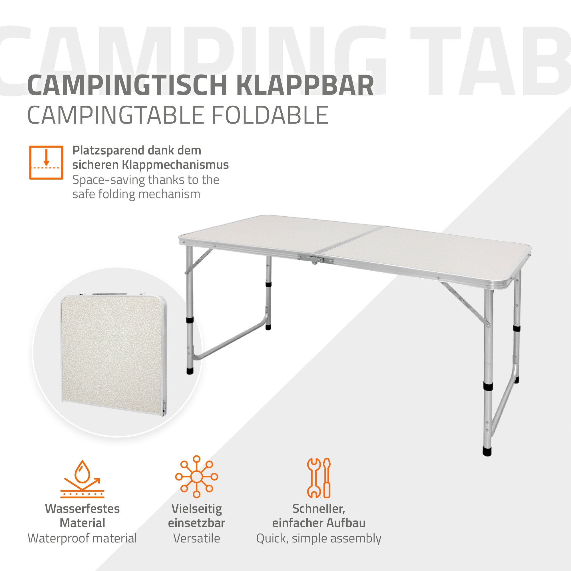 Table de camping pliante en blanc, avec un matériau imperméable.