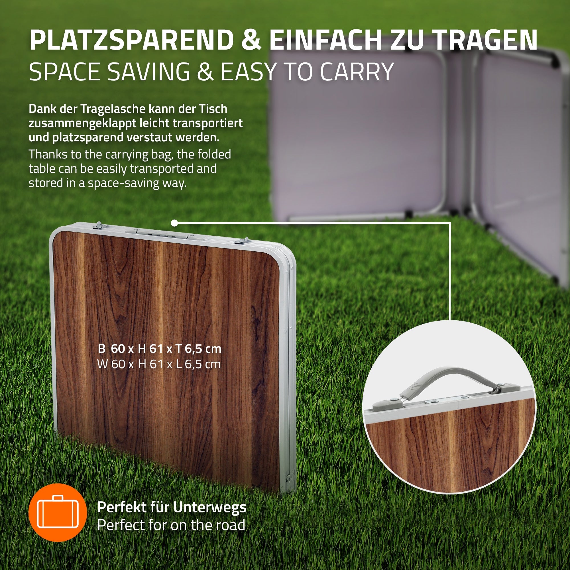 Ein zusammenklappbarer Tisch in einer Tragetasche, mit Holzoptik.