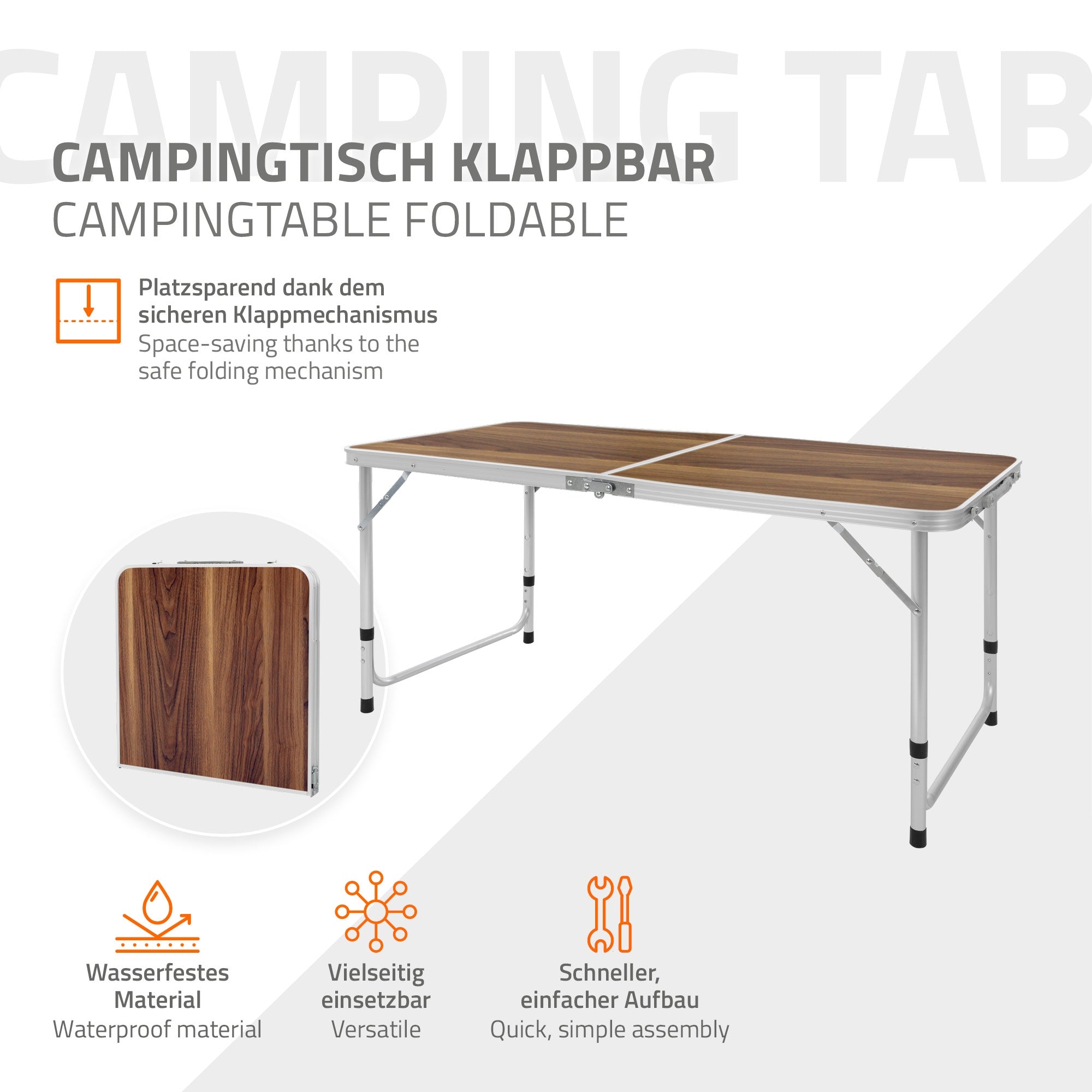 Ein klappbarer Campingtisch mit Holzoberfläche und stabilen Beinen.
