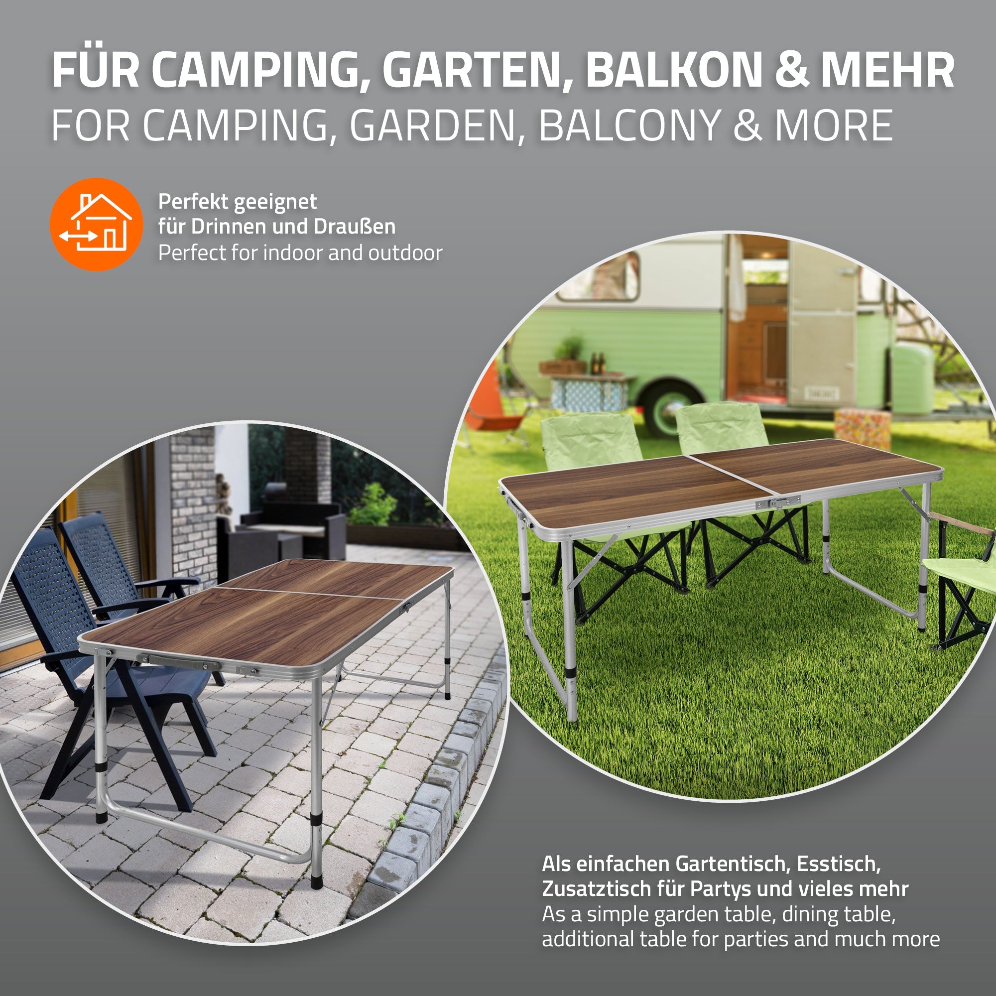 Zwei klappbare Tische im Freien, umgeben von Stühlen.