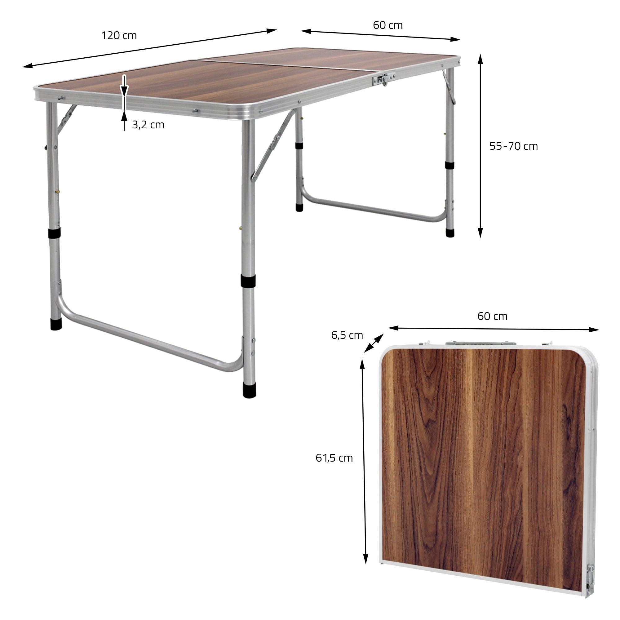 Klappbarer Tisch mit Maßen 120 cm x 60 cm, zusammengeklappt.