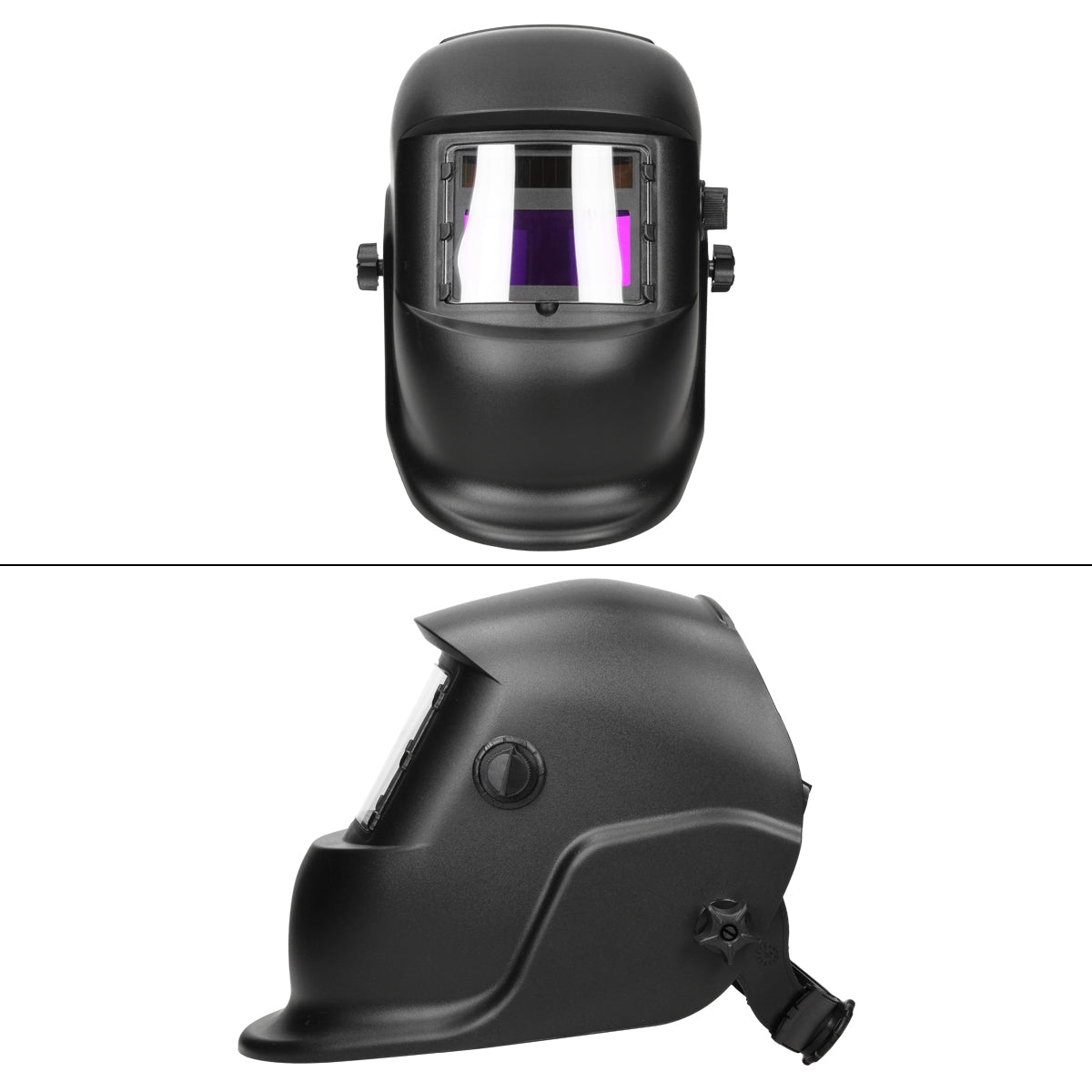 Casque de soudage vu de face et de côté, noir avec fenêtre de vision.