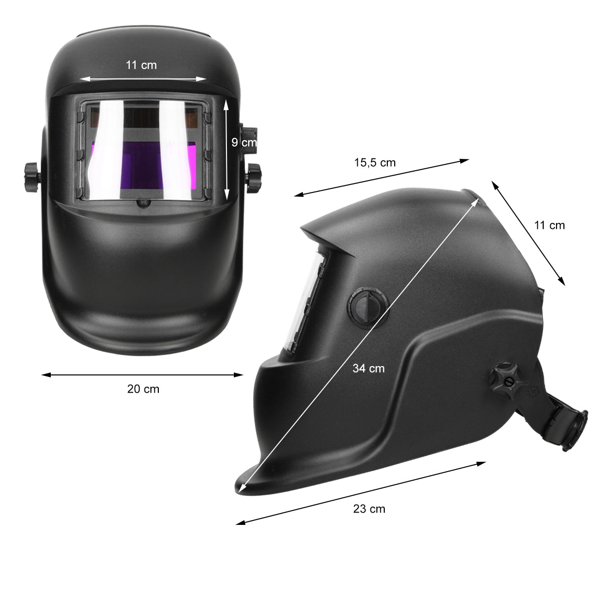 Masque de soudage noir avec des indications de mesure et une fenêtre de vision.