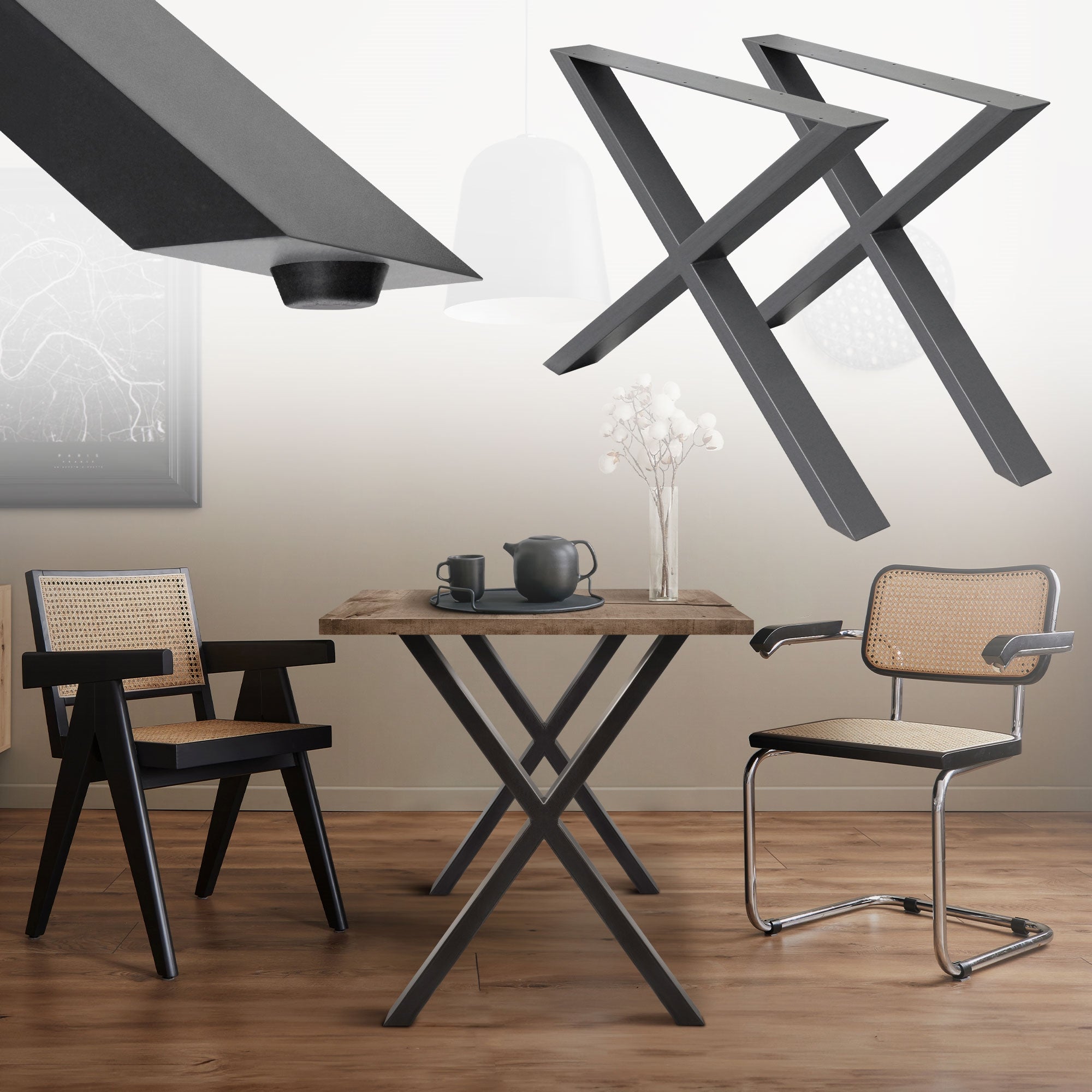 Distribución moderna de muebles con mesa y sillas en una habitación luminosa.