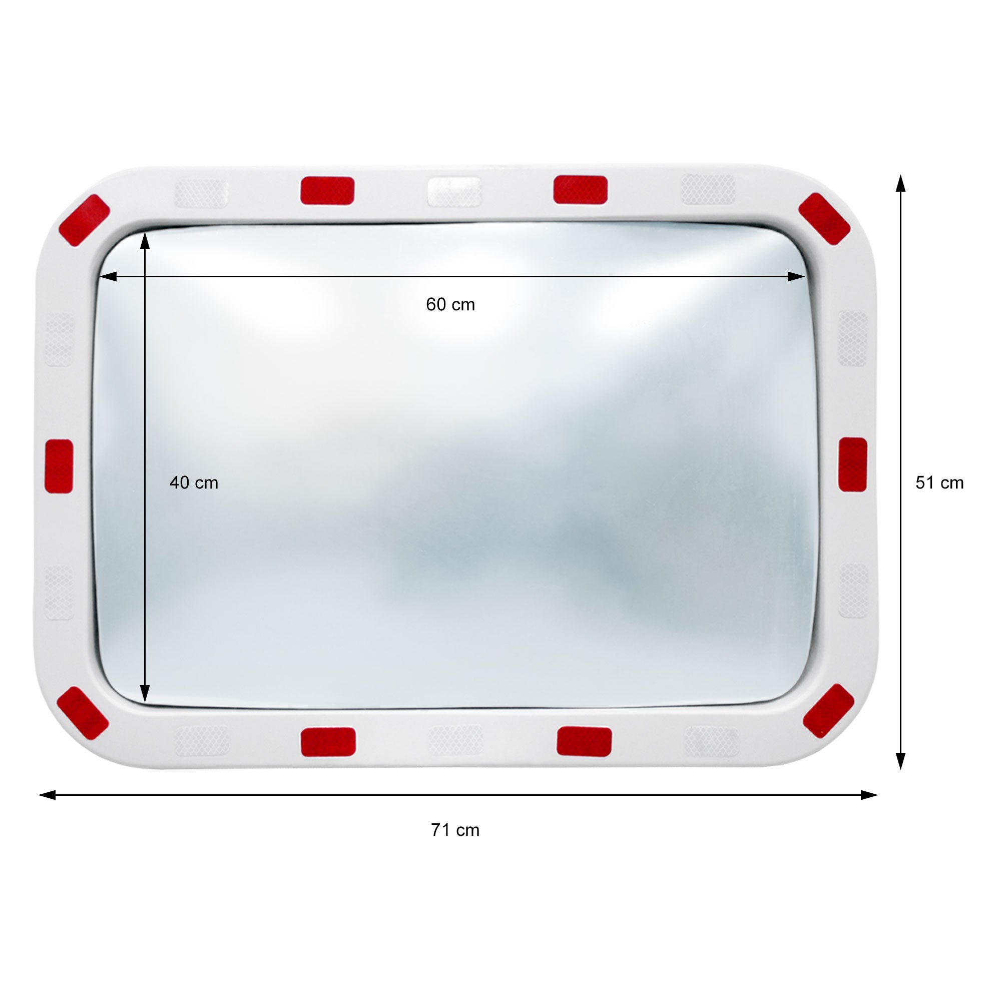 Specchio rettangolare con dimensioni: 71 cm x 51 cm, superficie riflettente 60 cm x 40 cm.
