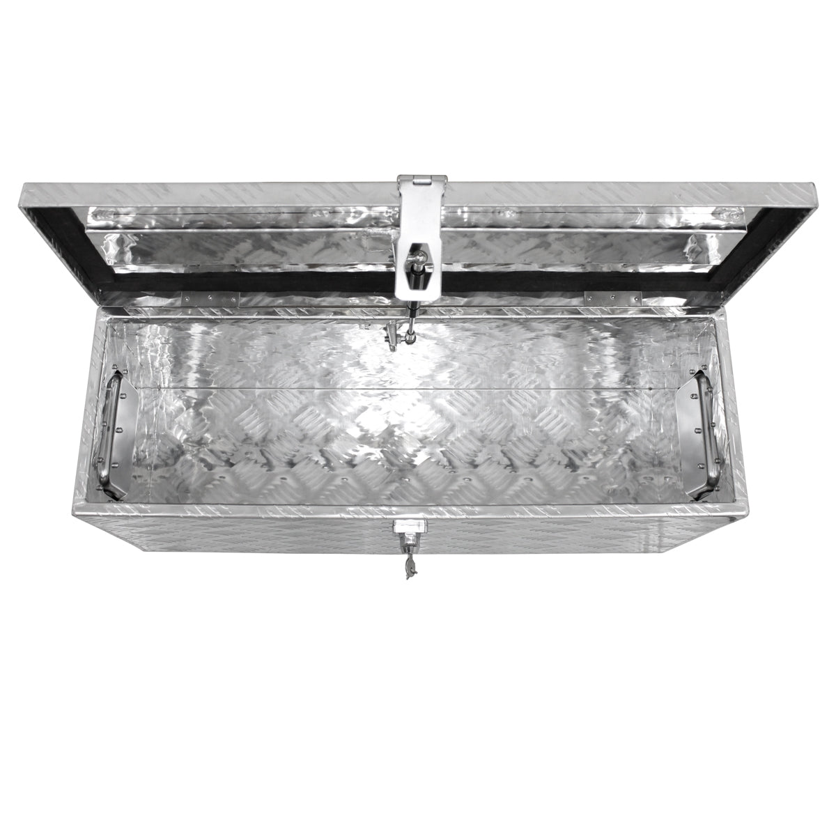 Open aluminum container with a view of the interior and closure.