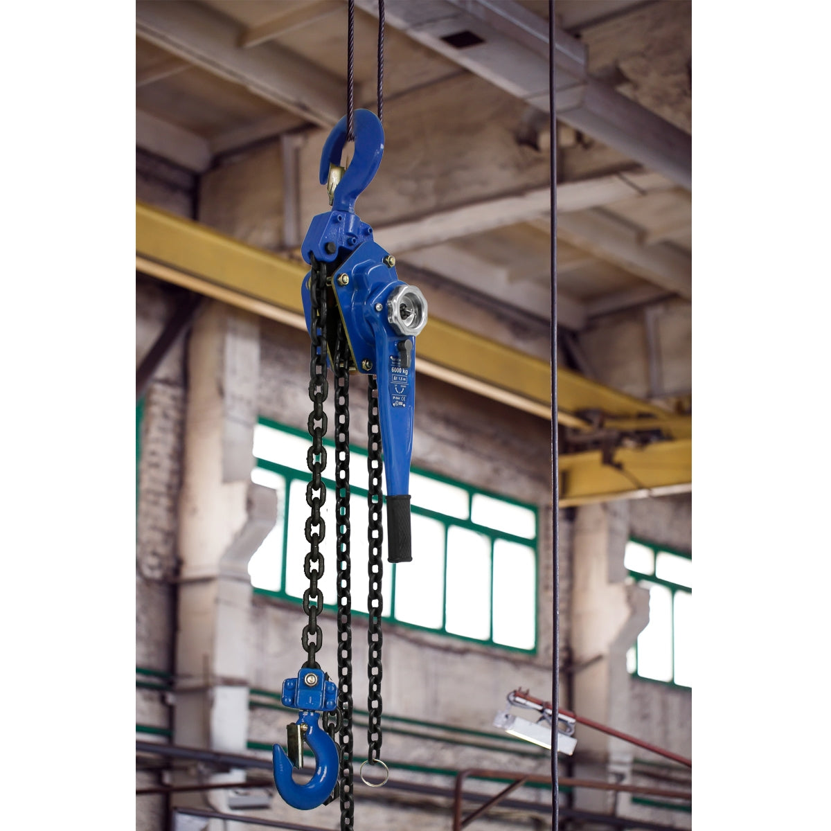 Blue chain hoist hanging in an industrial environment.