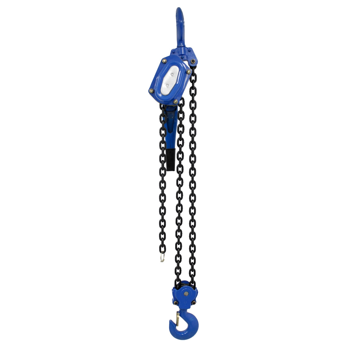 Blue chain hoist with hook and chain on a white background.