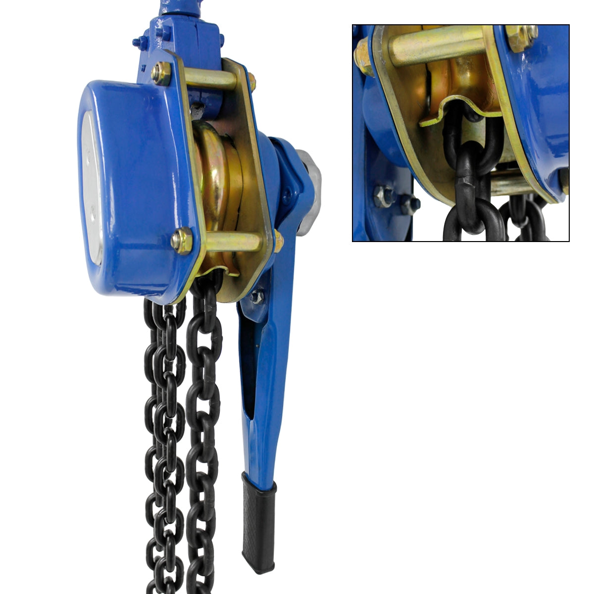 A blue chain hoist with a close-up of the mechanism.