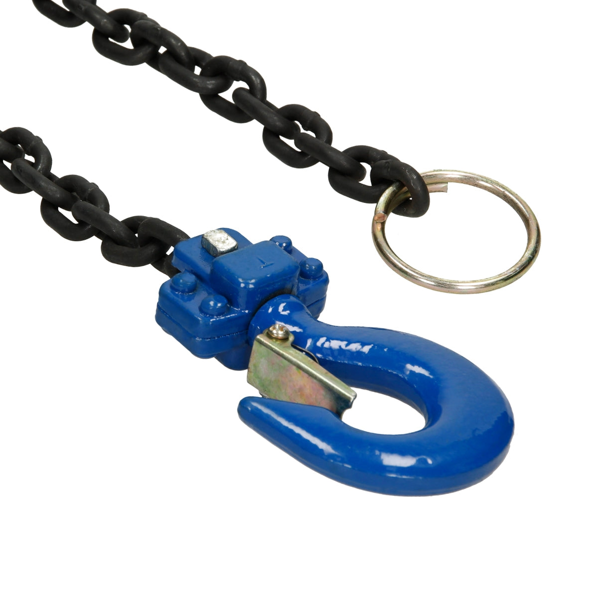 Blue hook on a black chain with a key ring.