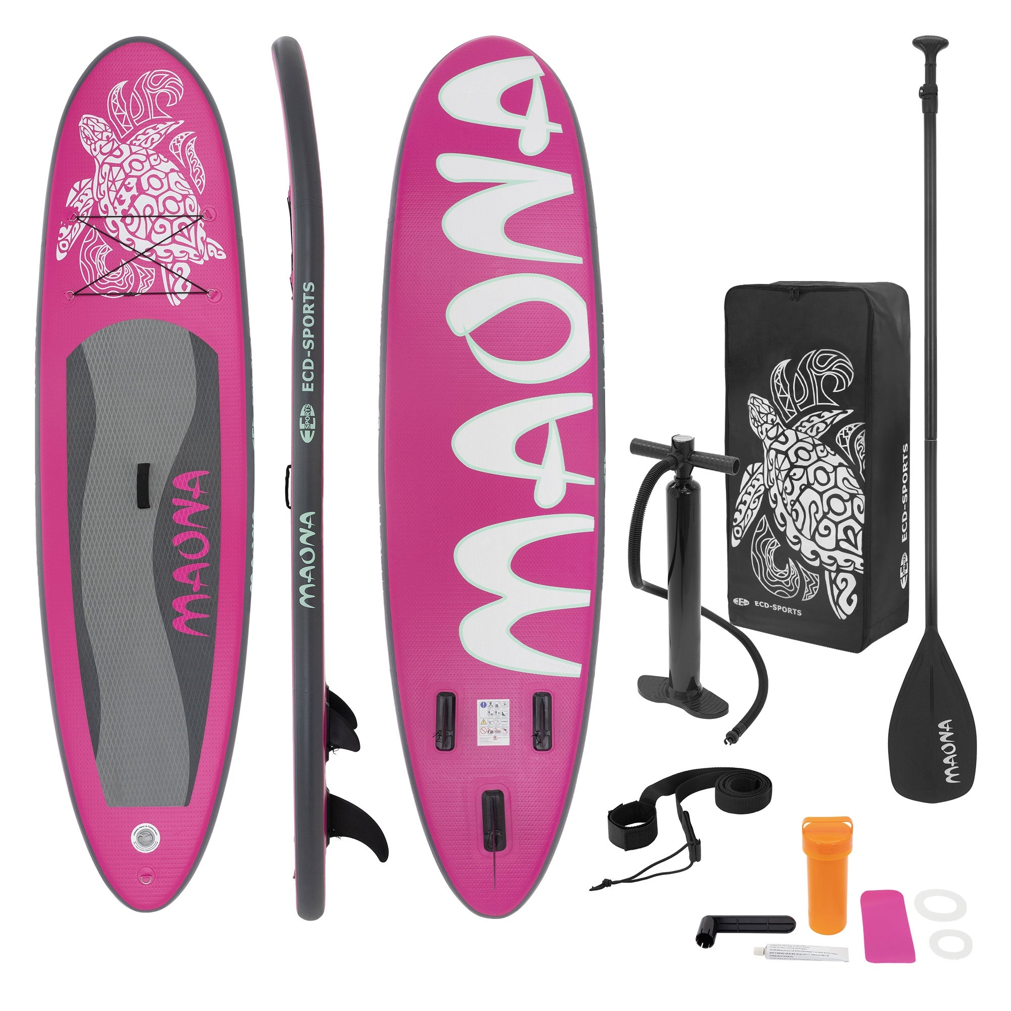 Rózsaszín stand-up paddle board kiegészítőkkel és pumpával.