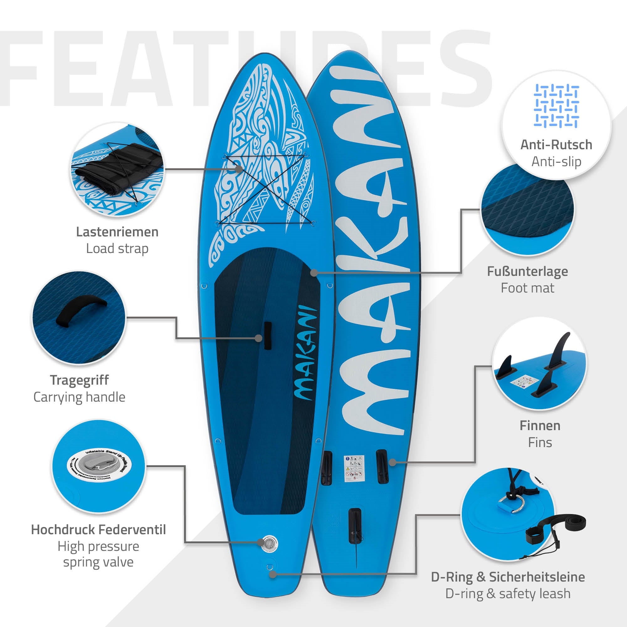Detailansicht des Makani Paddle Boards mit Anti-Rutsch-Oberfläche und Tragegriff.