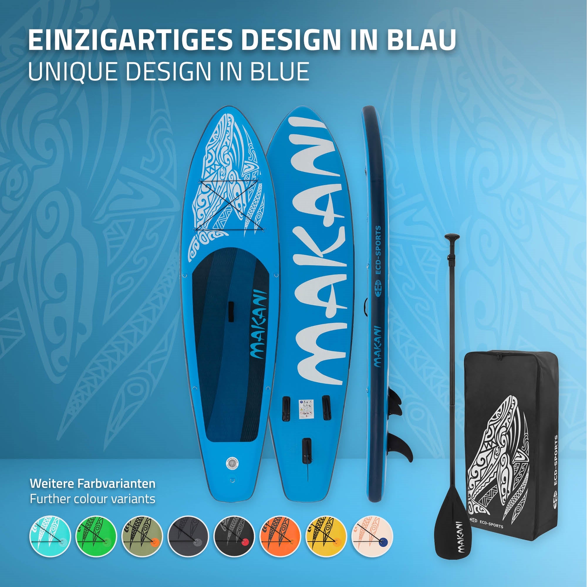 Blaues Stand Up Paddle Board mit Aufschrift und Zubehör auf einem weißen Hintergrund.