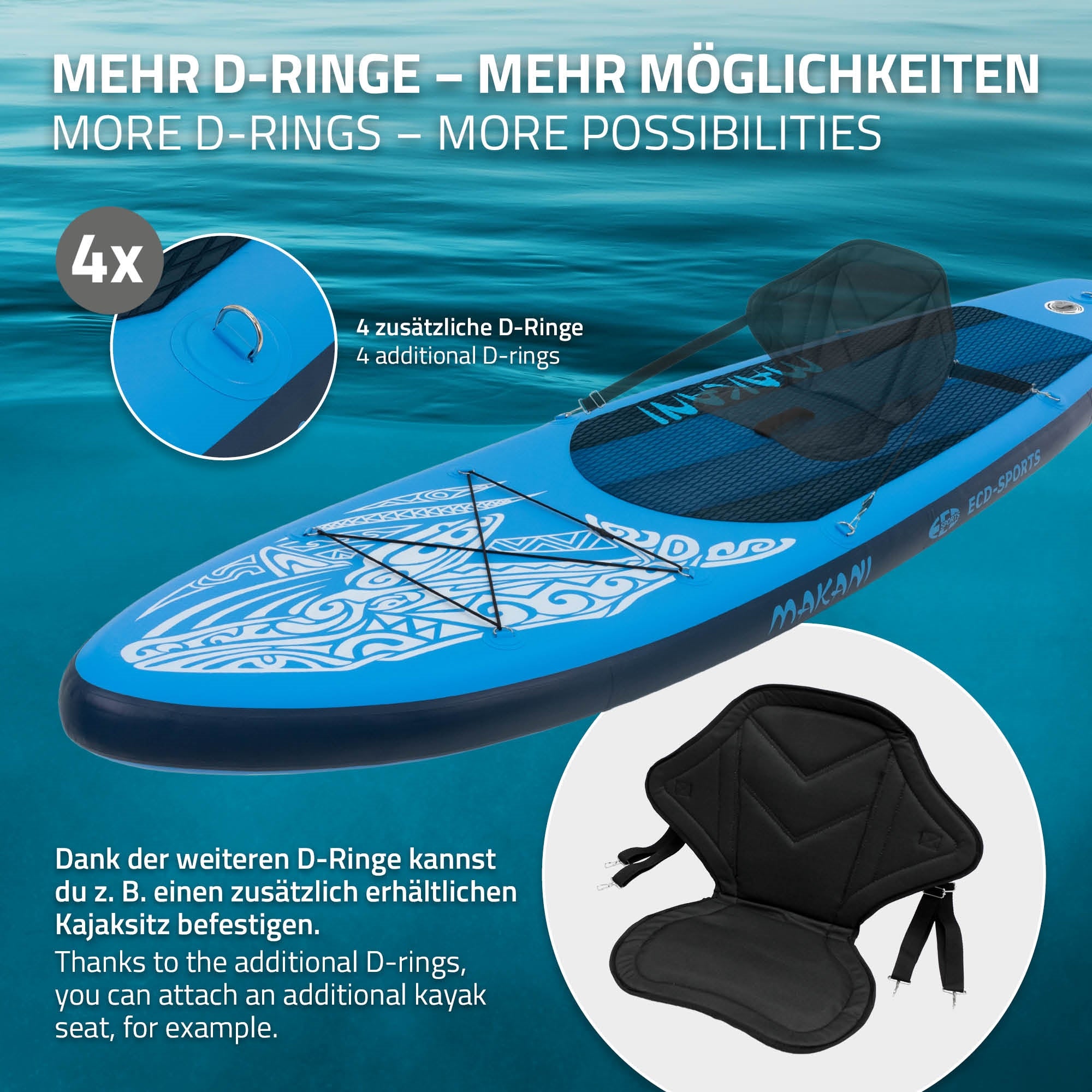 Blaues Stand-Up-Paddle-Board mit zusätzlichen D-Ringen und Zubehörhinweisen.